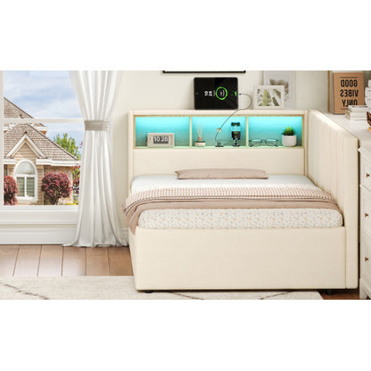 3ft Single Daybed With Two Storage Drawers, LED Modern Bed Frame With Charging Station, Linen Sofa Bed For Living Room Bedroom Study Room, 90X190cm, Easy Assembly, Beige