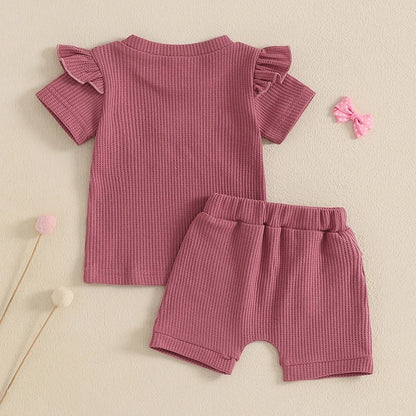 Girls Embroidery Waffle Suit