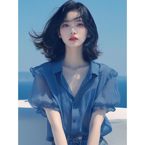 Blue Puff Sleeve Chiffon Small Shirt