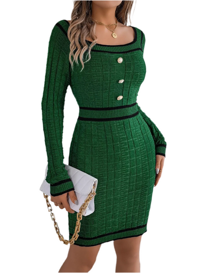 Contrast Trim Long Sleeve Sweater Dress