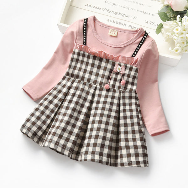 Robe pour fille à carreaux et rivets, manches longues, fausse deux-pièces, en dentelle, pour le printemps et l'automne