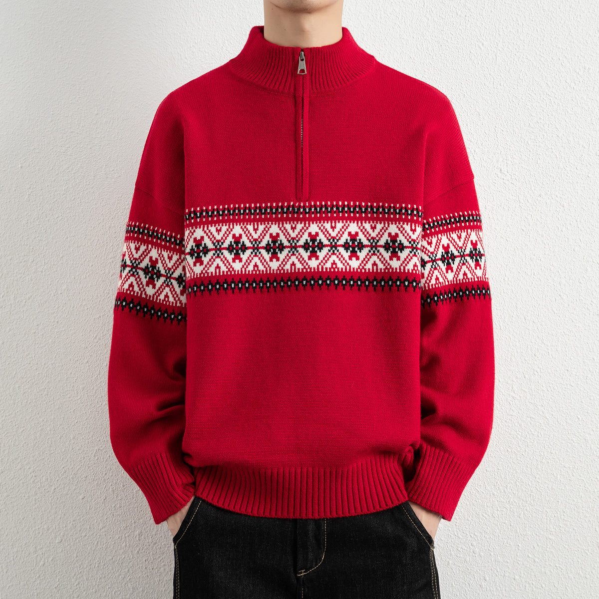 Men's Casual Ethnic Jacquard Stand Collar Half-Zip Knit Sweater