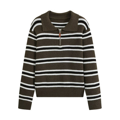 Women's Striped Long Sleeve Polo Knit Top