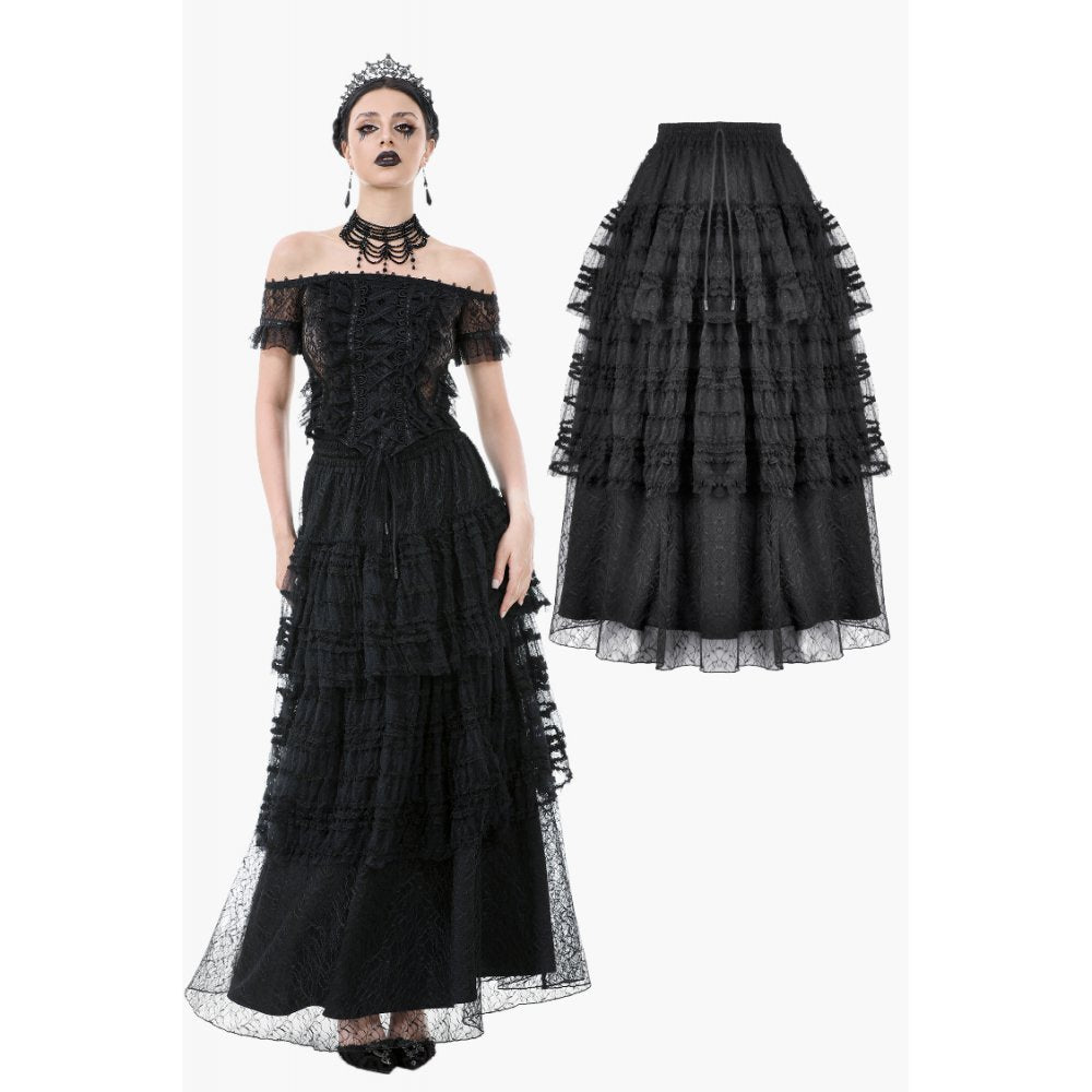 Jupe gothique en velours et dentelle Morticia Dark in Love noire