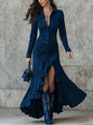 Elegant Zipper Stand Collar Slit Long Dress with Slim Fit