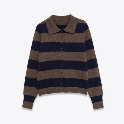 Women's long sleeved polo collar striped knitted sweater