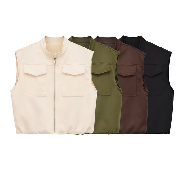Flip zipper stand up collar loose vest