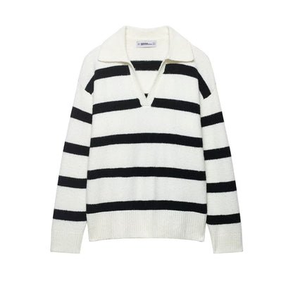 Lazy style soft and sticky striped contrasting pullover sweater