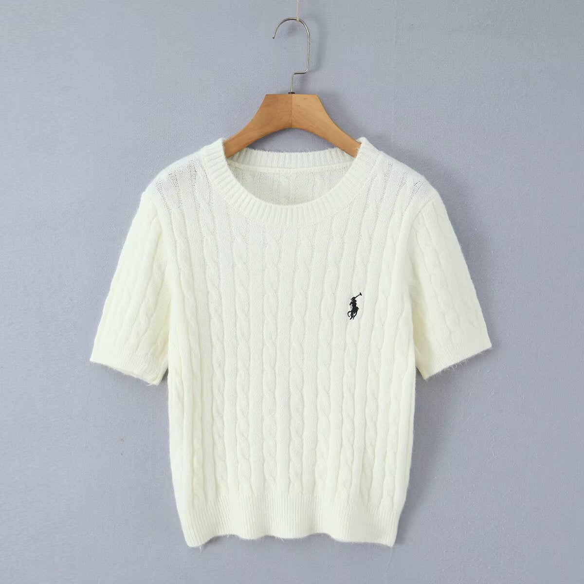 College style round neck embroidered short sleeved knitted sweater