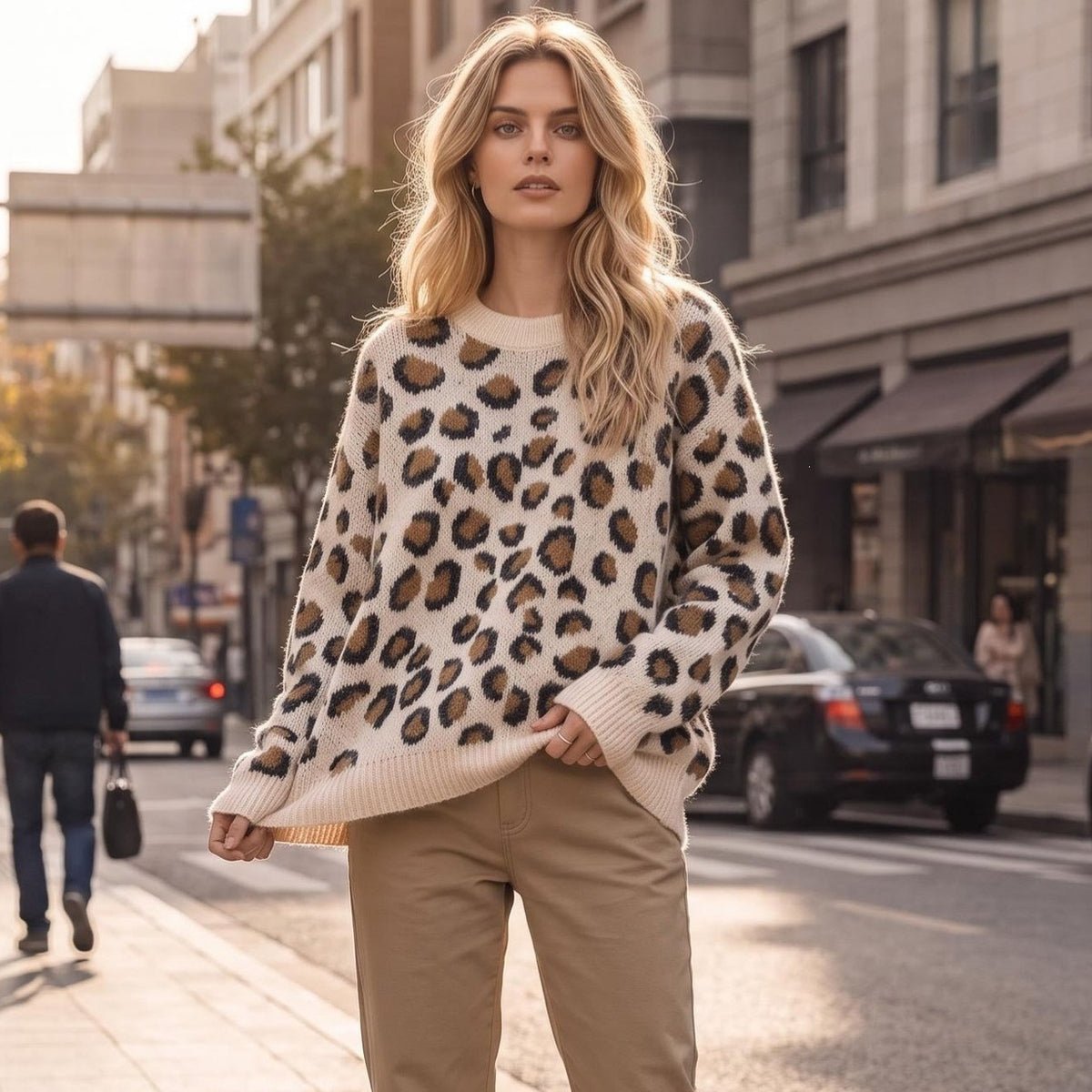 Leopard print round neck long sleeved sweater