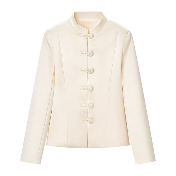 Elegant satin waistband buckle embellished jacket