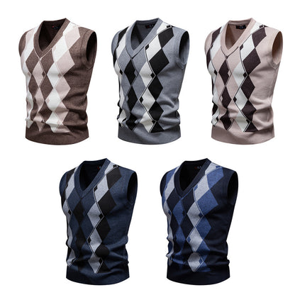Plaid Sweater Knitwear V-Neck Pullover Casual Vest