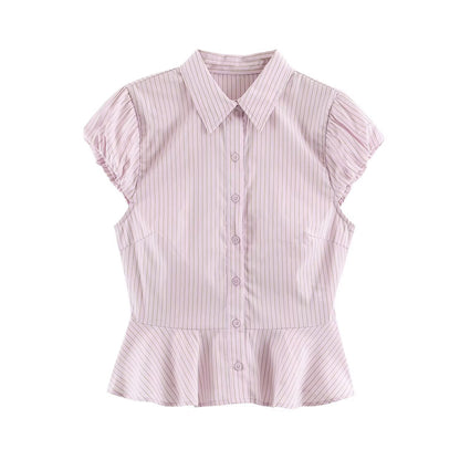 Single breasted striped ruffle edge shirt for women