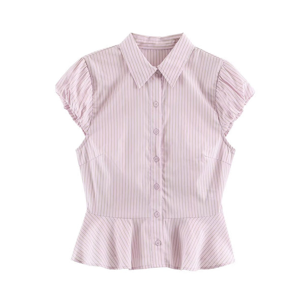 Single breasted striped ruffle edge shirt for women