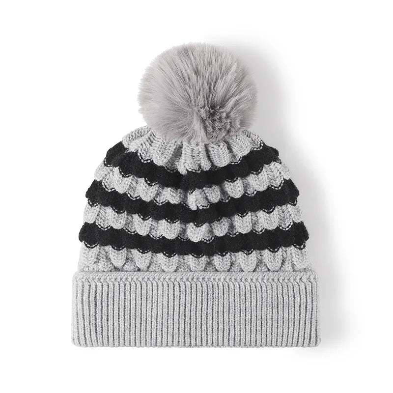 Striped contrast knit hat with pom-pom - view 5
