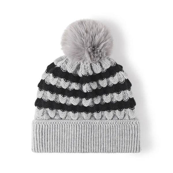Striped contrast knit hat with pom-pom - view 5