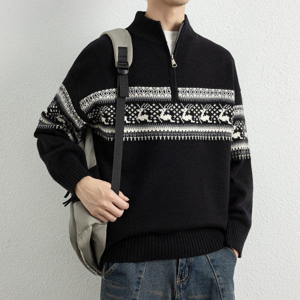 Casual Color Block Long Sleeve Half Zip Stand Collar Men's Sweater