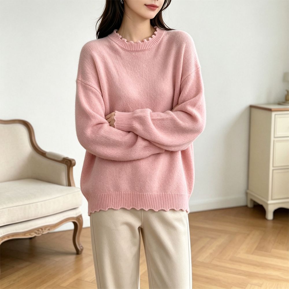 Solid color lace long sleeved pullover sweater