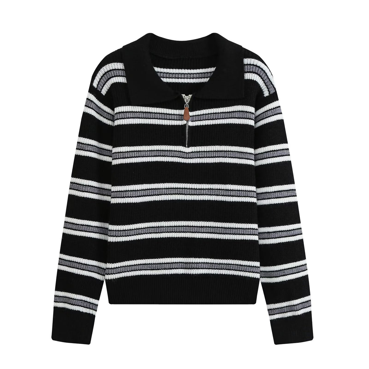 Women's Striped Long Sleeve Polo Knit Top