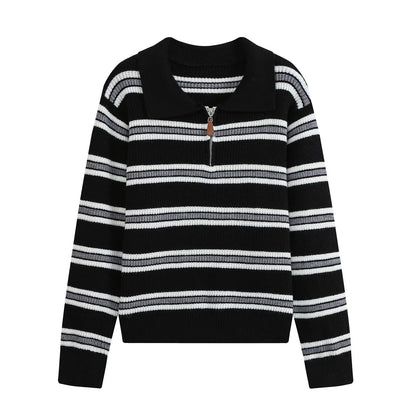 Women's Striped Long Sleeve Polo Knit Top