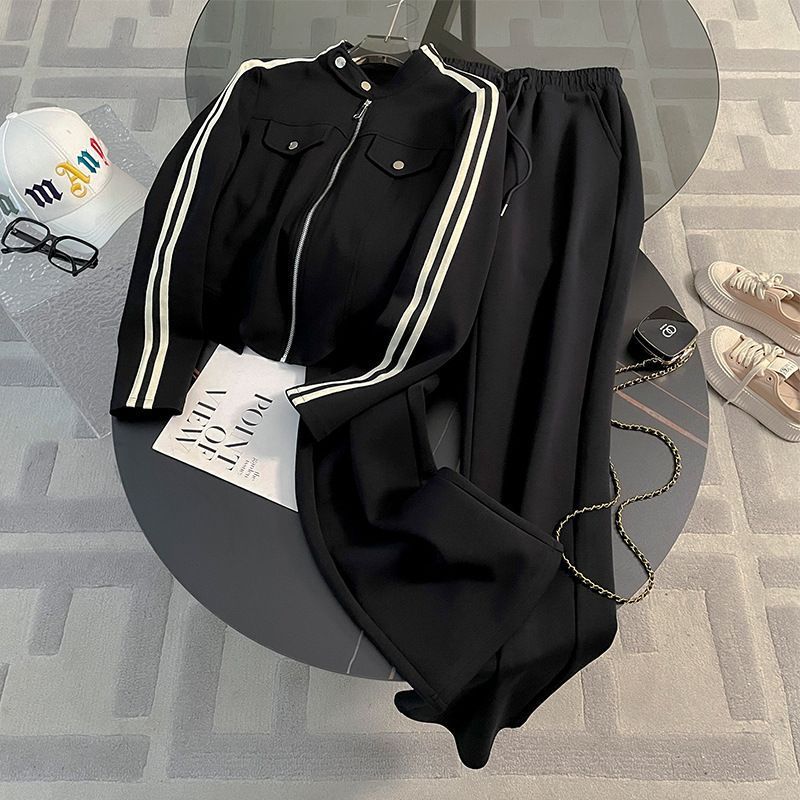 Hoodie with Zipper Jacket and Wide-Leg Pants Two-Piece Set