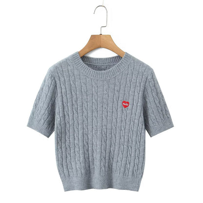 Short sleeved embroidery college style knitted sweater