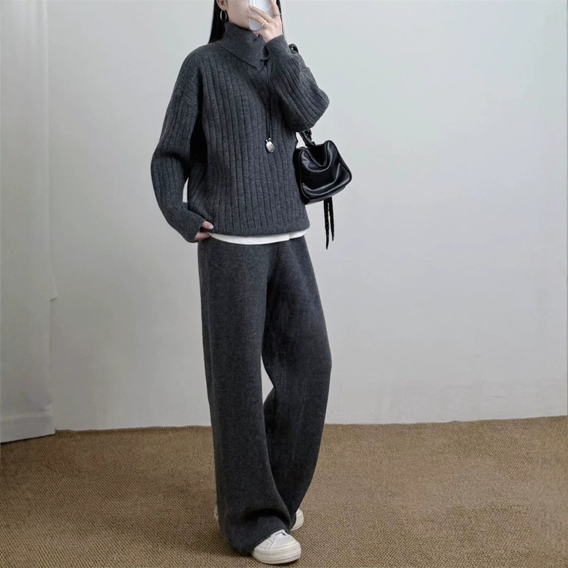 Collar sweater solid color straight leg pants two-piece set