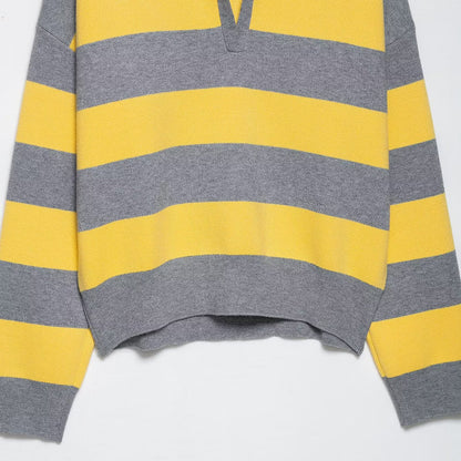 Striped polo shirt collar knit sweater