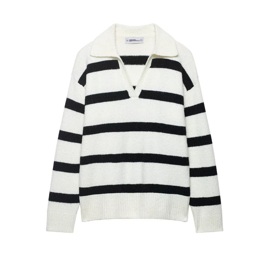 Lazy style soft and sticky striped contrasting pullover sweater
