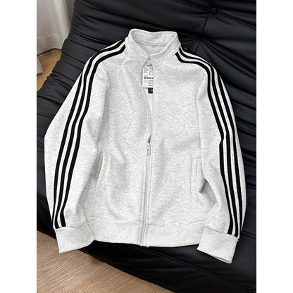 Men's Striped Long Sleeve Zip-up Stand Collar Jacket