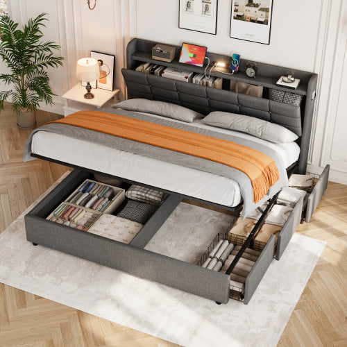 5ft King Bed Frame With Hydraulic Storage, Linen Upholstered Bed With Concealed Headboard Storage And Drawers, Button Tufted Headboard With Charging Station And LED Night Light, Grey