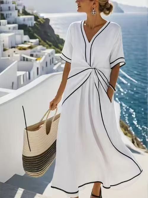 Loose Striped Short-Sleeve Maxi Dress