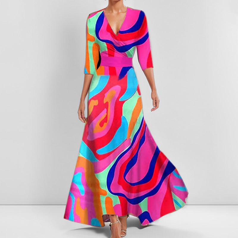 Womens Print Half-sleeve V-neck Dress