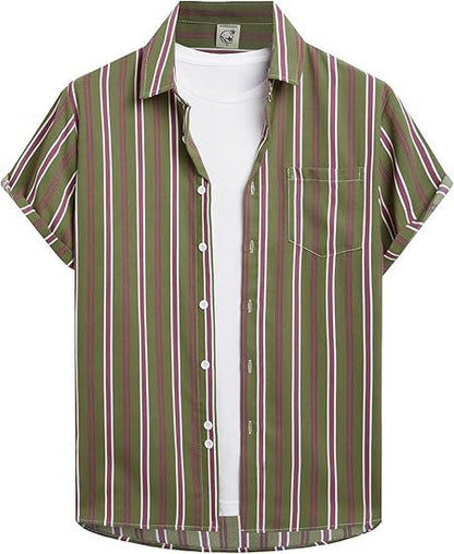 Striped And Solid-color Short-sleeve Shirt-cardigan