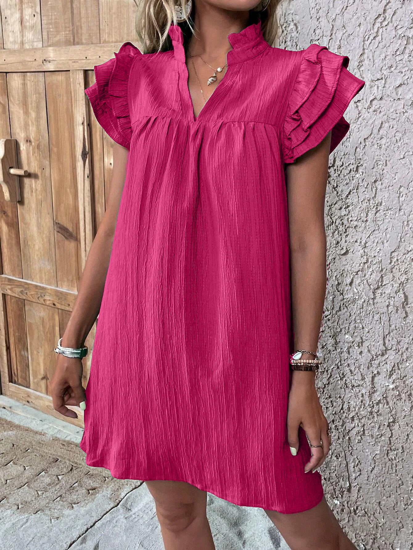 Multi-Layer Ruffle Sleeve V-Neck Dress