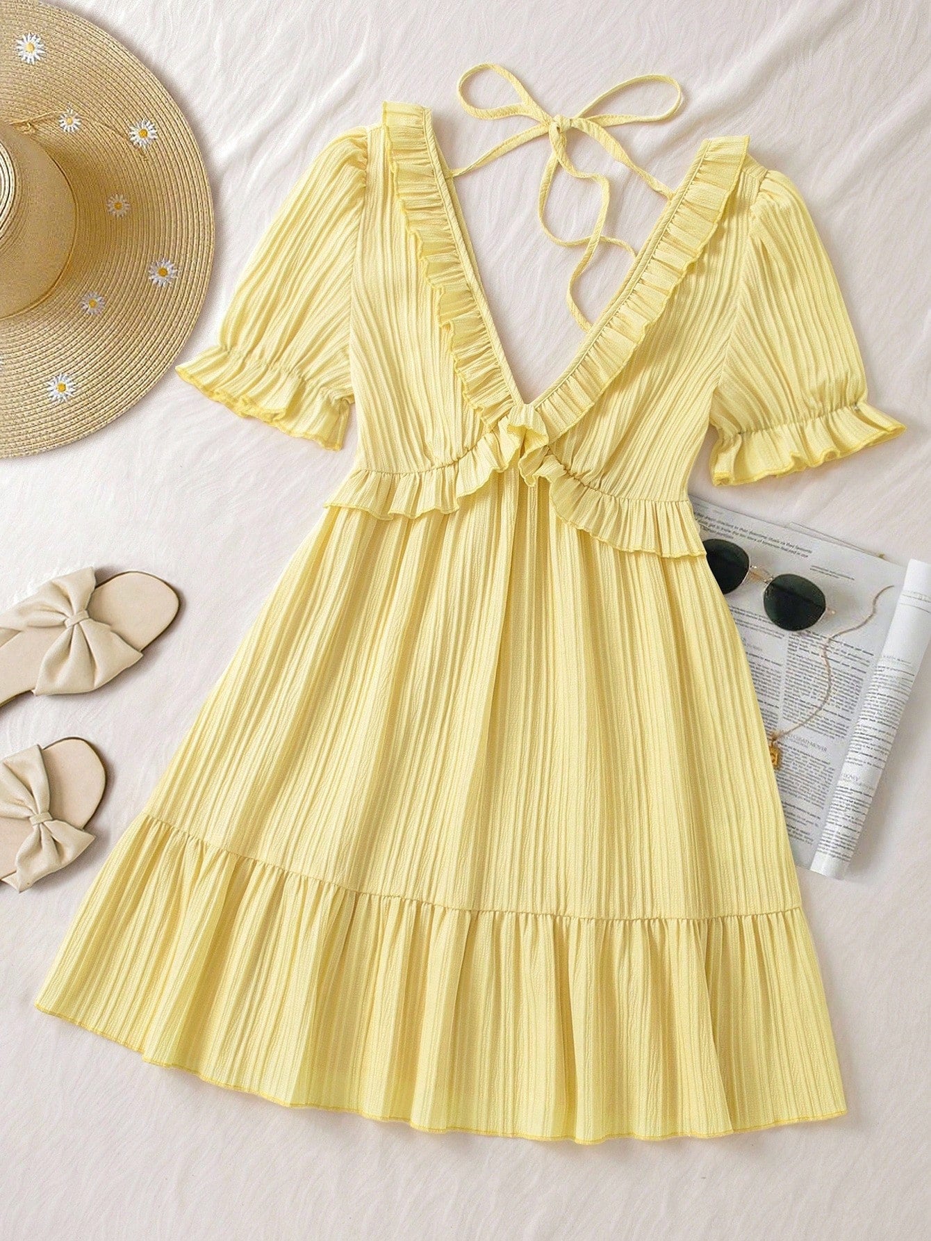 French-Style V-Neck Lace-Up All-Match Dress