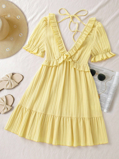 French-Style V-Neck Lace-Up All-Match Dress