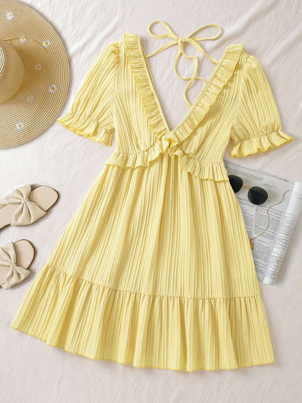 French-Style V-Neck Lace-Up All-Match Dress