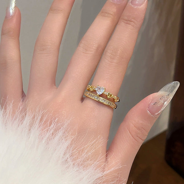 Rhinestone Loving Heart Zircon Ring Female Dual Layer Open-end - Stuffs & Savers