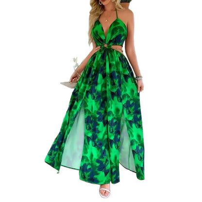 Floral Print Backless Side-Slit Dress