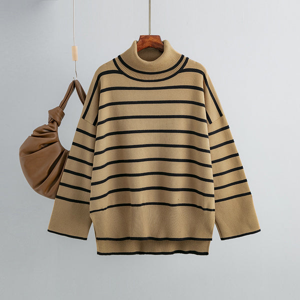 Womens Loose Casual Striped Turtleneck Sweater - Stuffs & Savers