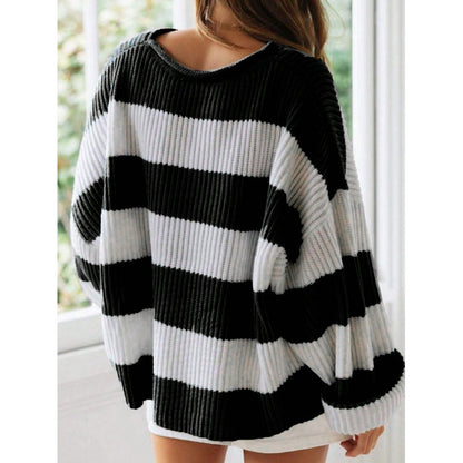 Women's Striped Pullover Sweater - Batwing Sleeve Knit Top