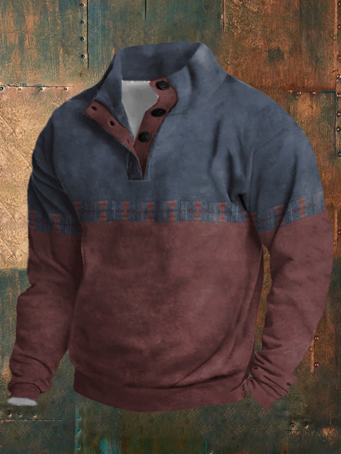 Pull homme hiver à col montant, demi-boutonné, manches longues et imprimé numérique