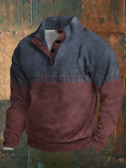 Pull homme hiver à col montant, demi-boutonné, manches longues et imprimé numérique