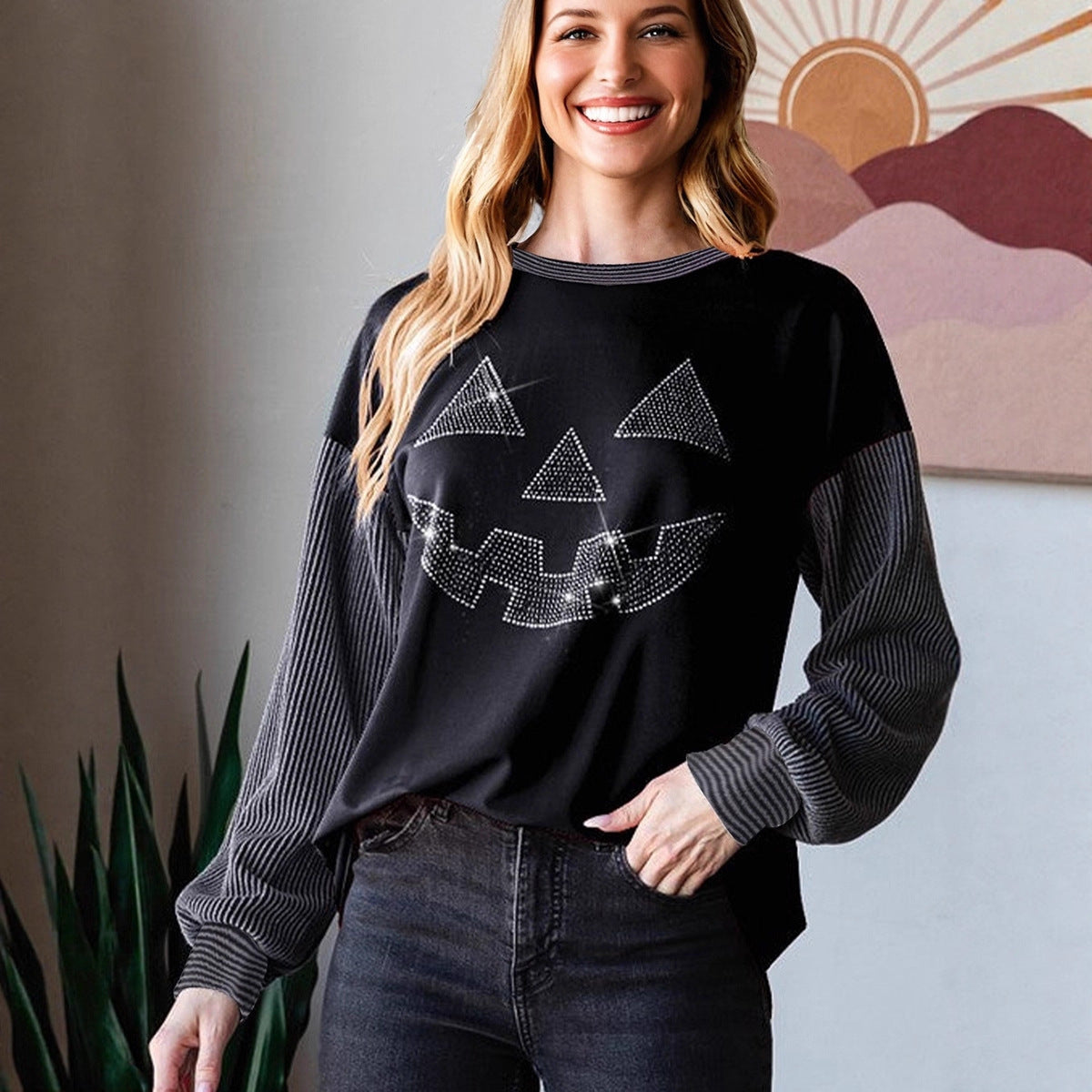 Pullover Crew Neck Personality Trendy Rhinestone Stitching Halloween Sweater