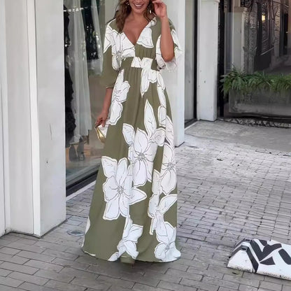 Flower Printed V-neck Batwing-sleeved Dress