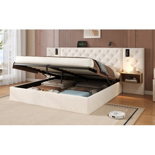 King Upholstered Bed With Charging Station, Velvet Hydraulic Storage Bed With Reading Light, 5ft King Bed Frame With Handmade Button Tufted Wide Headboard And Bedside Storage, Beige