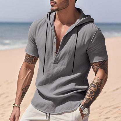 Men's Linen Hooded Henley Shirt - Breathable Short Sleeve