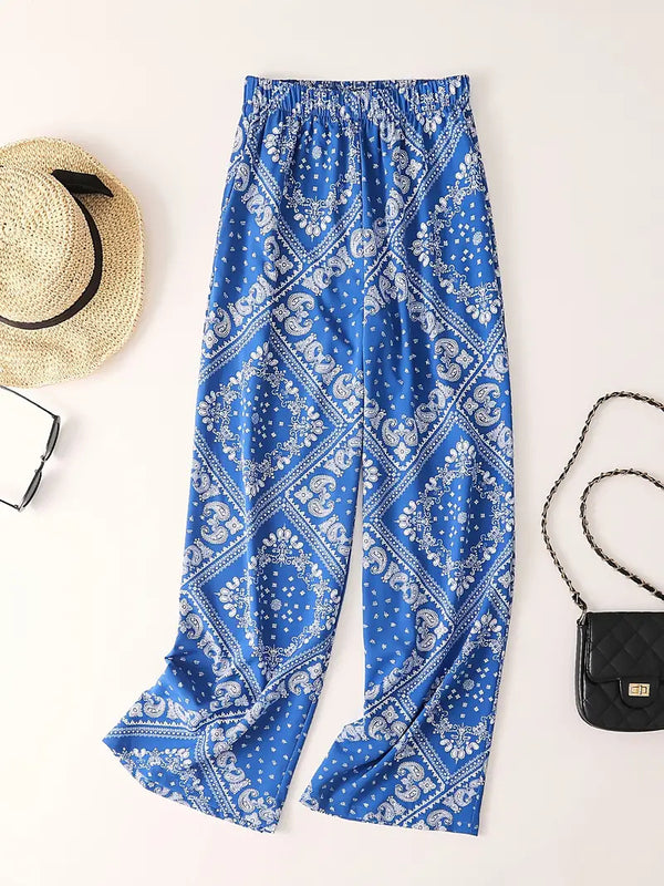 Women's Paisley Print Wide Leg Trousers - Bohemian Casual Pants