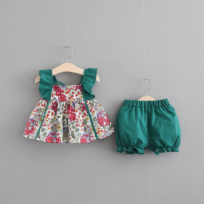 Born Girl Printed Flounced Sleeve Suit Two-piece Set